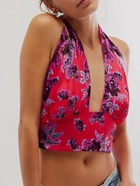 Free People Pink Floral Halter Crop Top